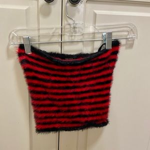Fuzzy red and white striped tube top